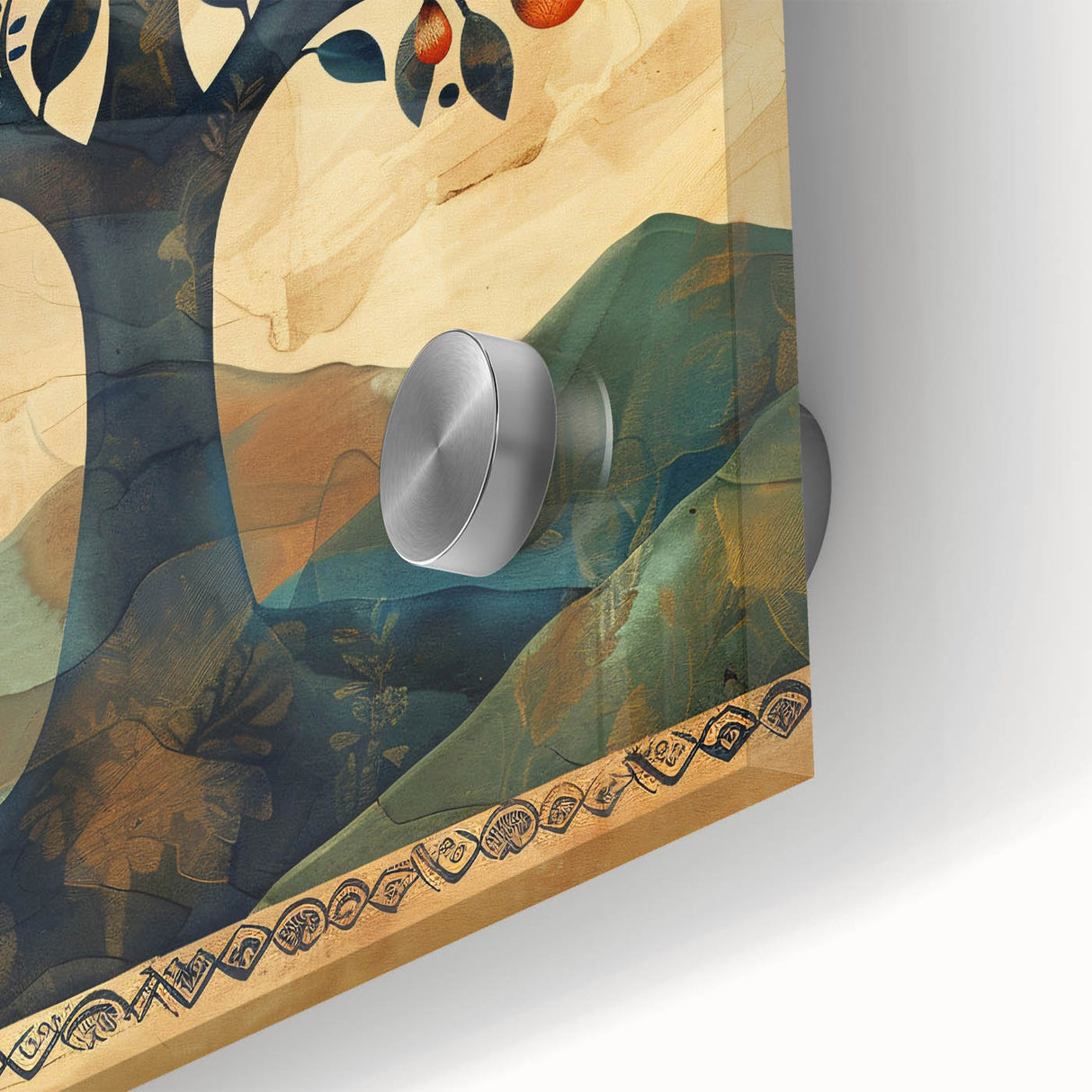 Close-up of abstract floral wall art design printed on acrylic glass, showcasing vibrant colors and intricate details, perfect for modern home decor.