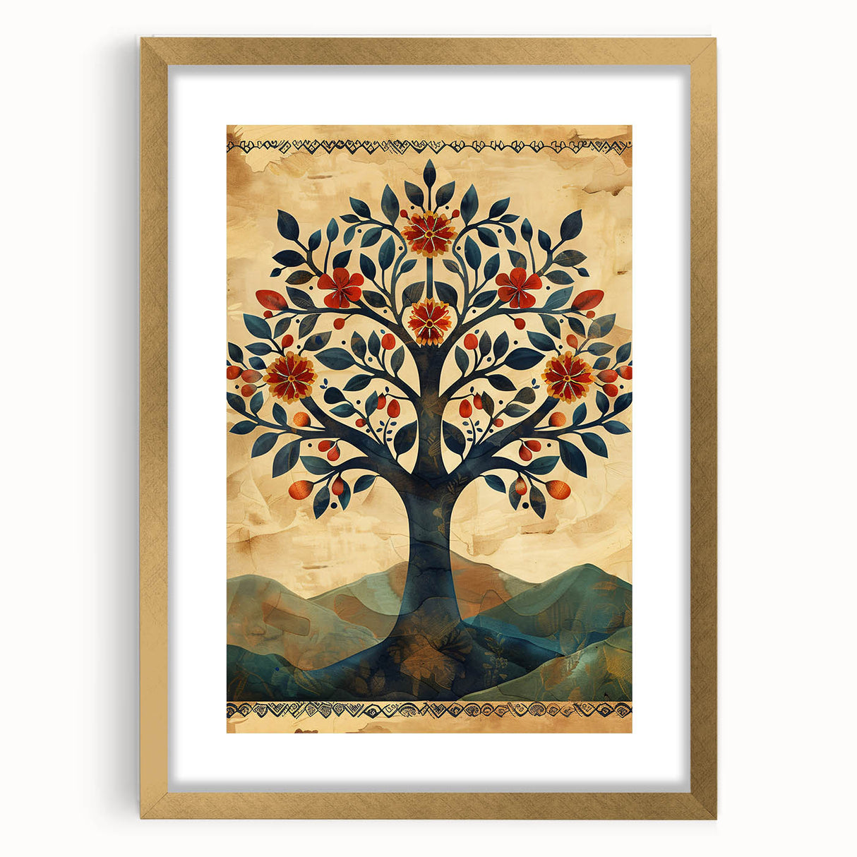 Abstract floral wall art framed in gold with a white mat, showcasing vibrant colors and intricate designs, perfect for modern home decor.