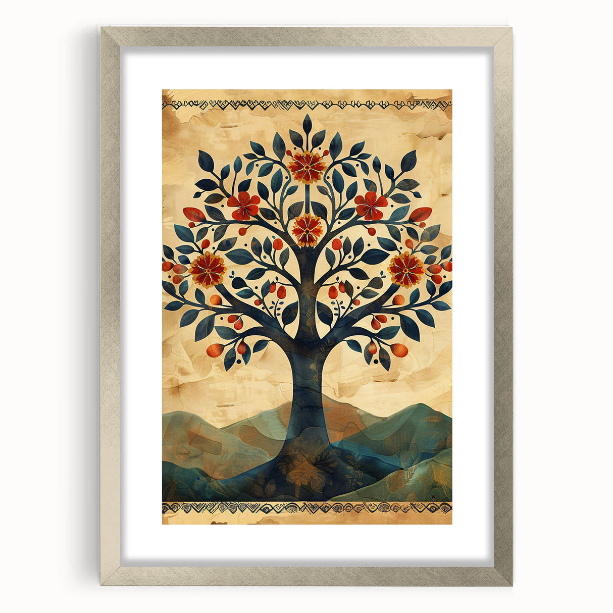 Abstract floral wall art framed in silver with a mat, showcasing vibrant colors and intricate details, perfect for modern home decor or office spaces.