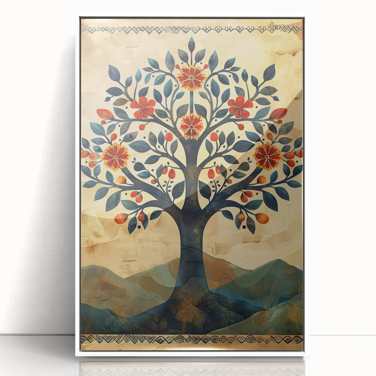 Framed acrylic wall art featuring an abstract floral design with vibrant colors, displayed in a sleek white frame, perfect for modern home decor.