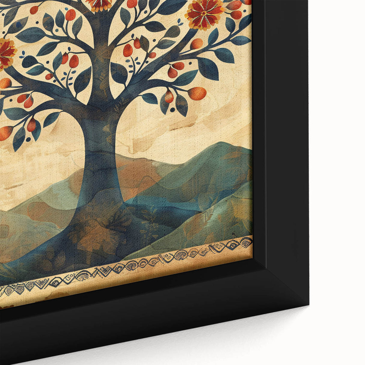 Close-up of a framed canvas depicting vibrant abstract floral designs in rich colors, perfect for modern home decor, showcasing intricate brushwork and textures.