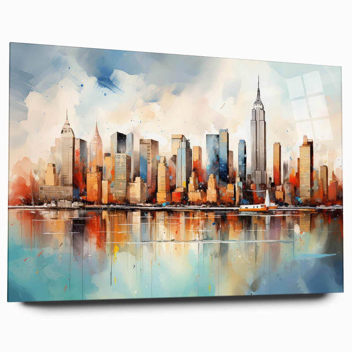 Abstract landscape wall art displayed in a sleek acrylic frame, showcasing vibrant colors and fluid shapes, perfect for modern home decor.