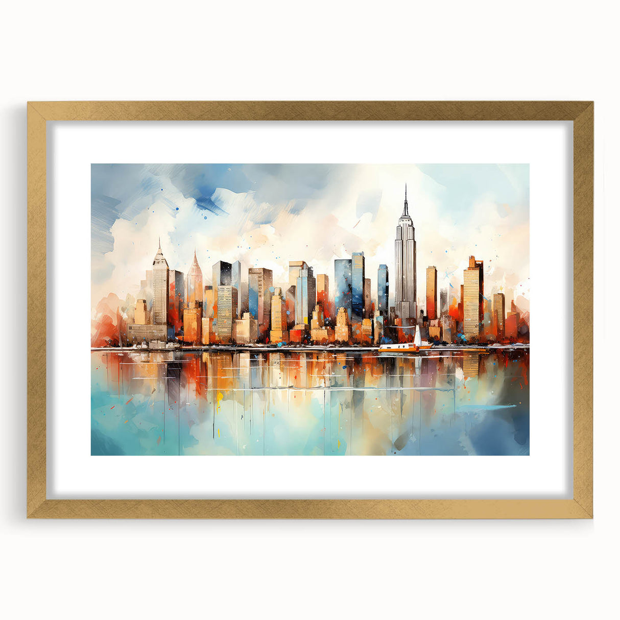 Abstract landscape wall art framed with a gold mat, showcasing vibrant colors and textures, perfect for modern home decor or art enthusiasts.