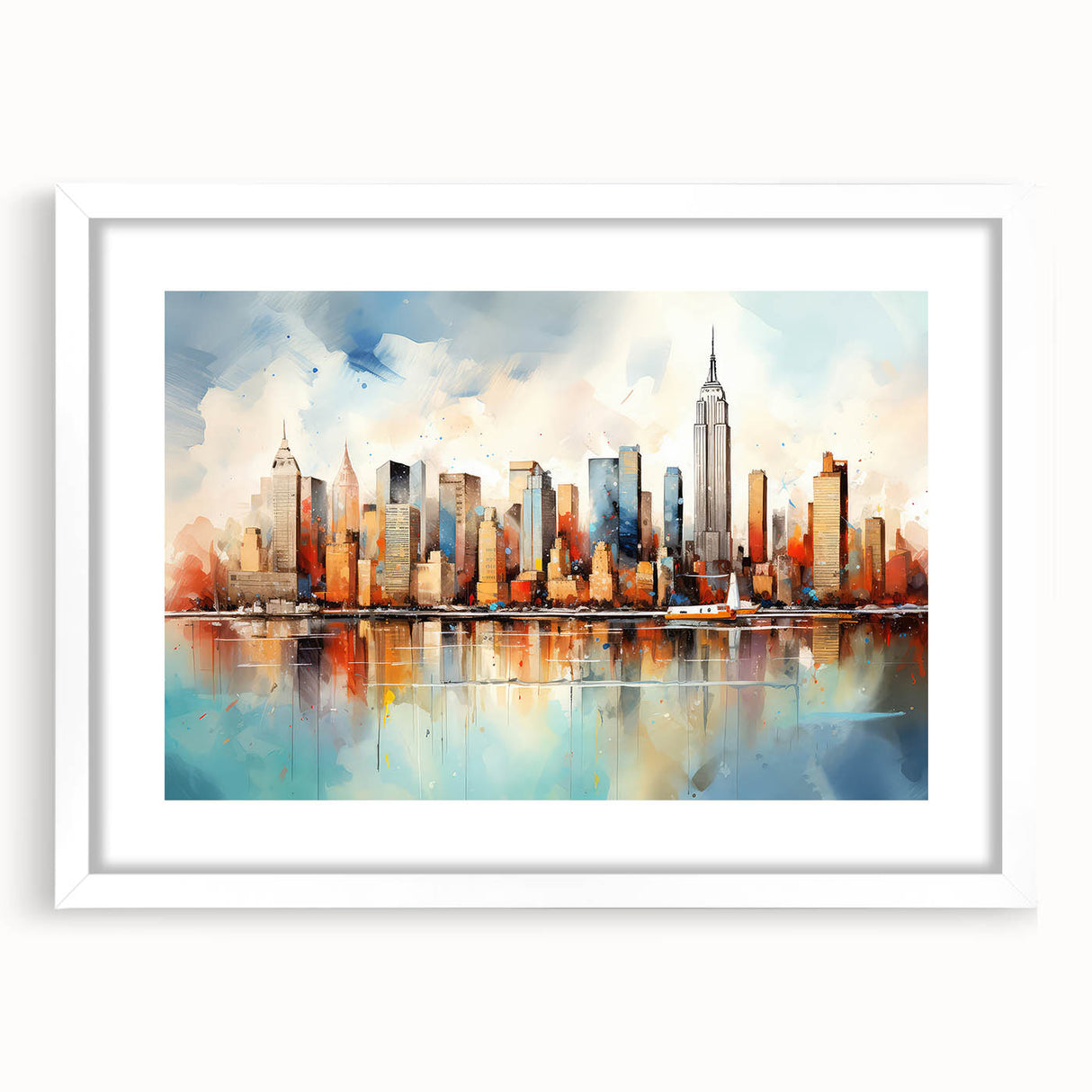 Abstract landscape wall art framed in white with a mat, showcasing vibrant colors and fluid patterns, perfect for modern home decor.