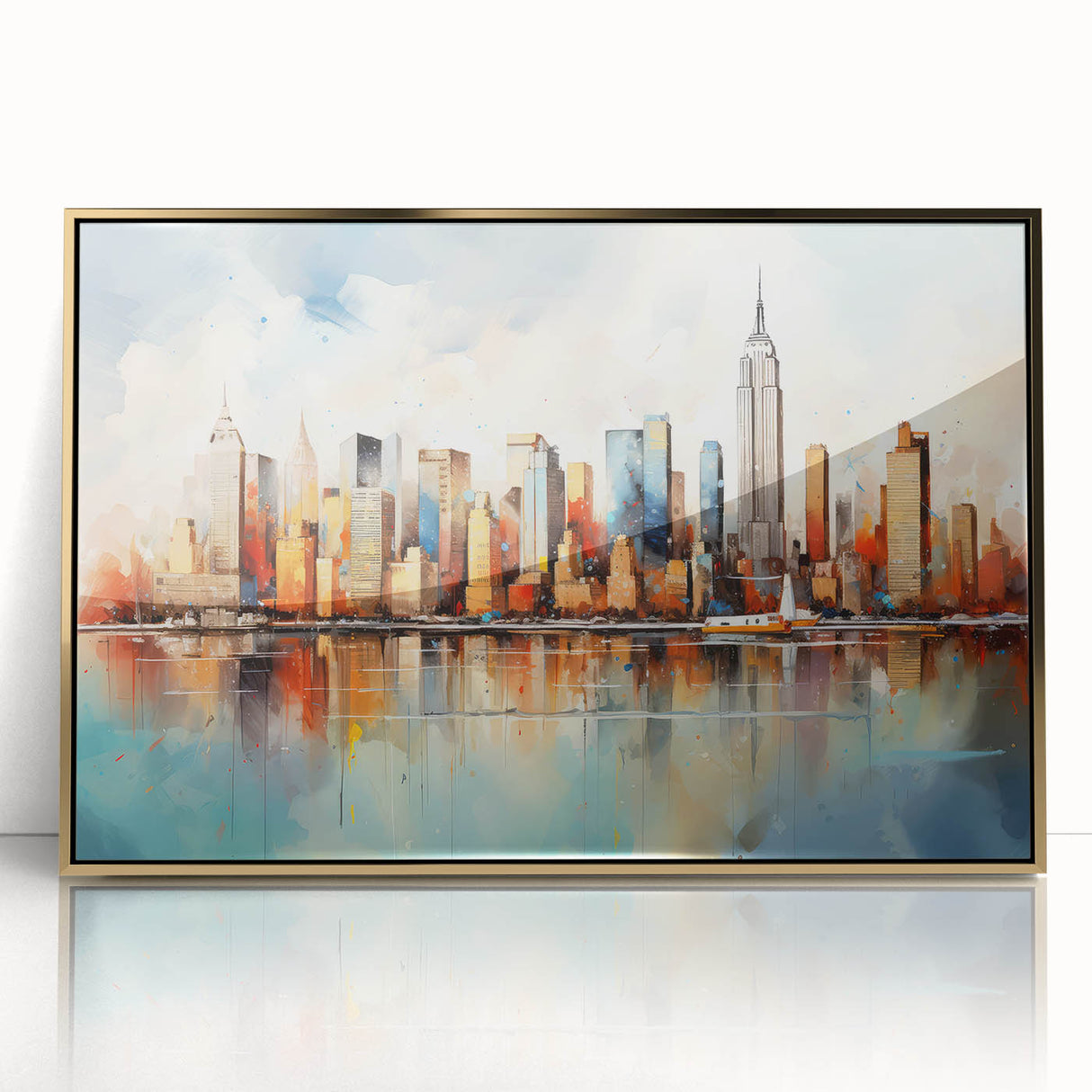 Framed abstract landscape wall art featuring gold accents, showcasing a vibrant blend of colors in an acrylic finish, ideal for modern home decor.