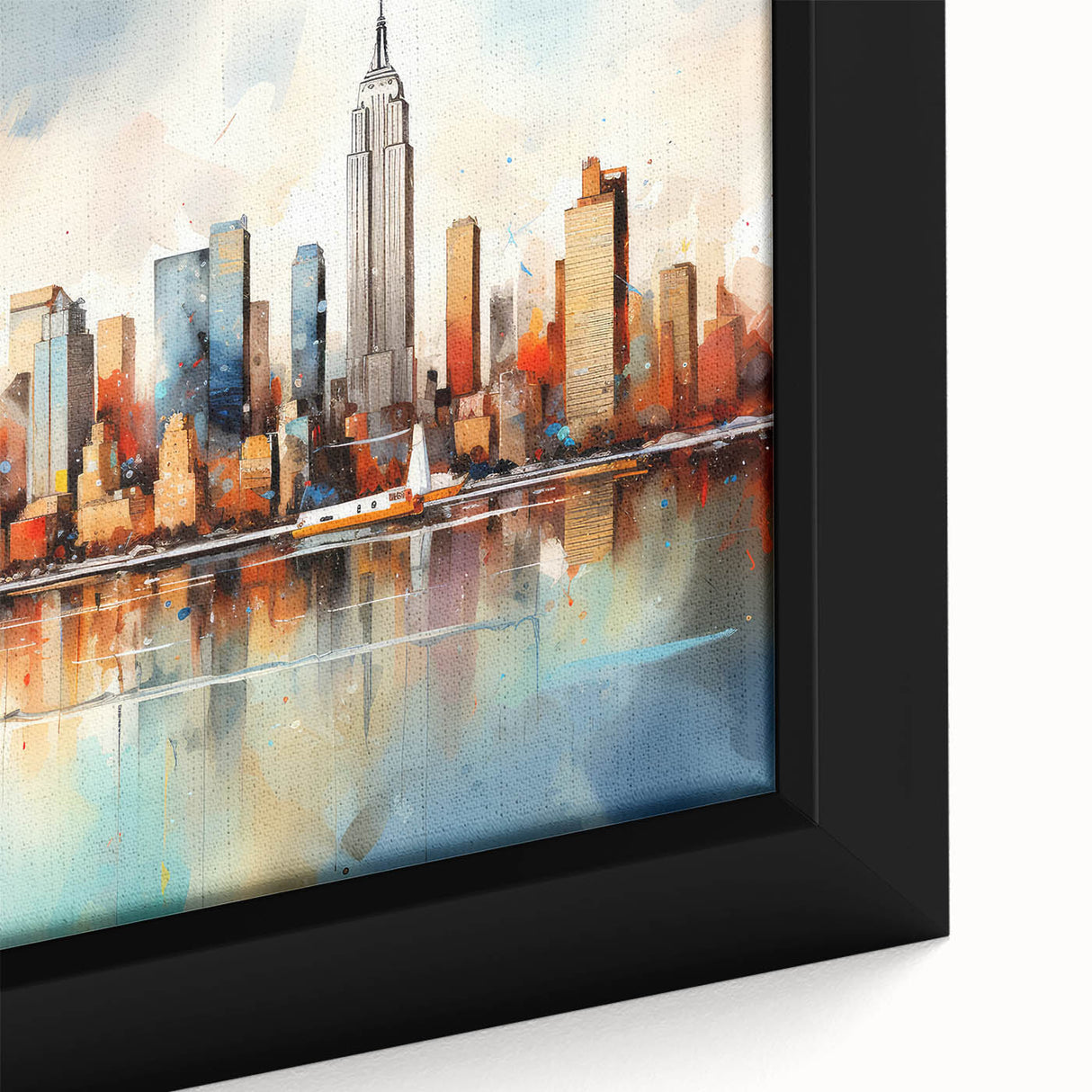Close-up view of a framed abstract landscape wall art piece, showcasing vibrant colors and intricate textures, perfect for modern home decor accents.