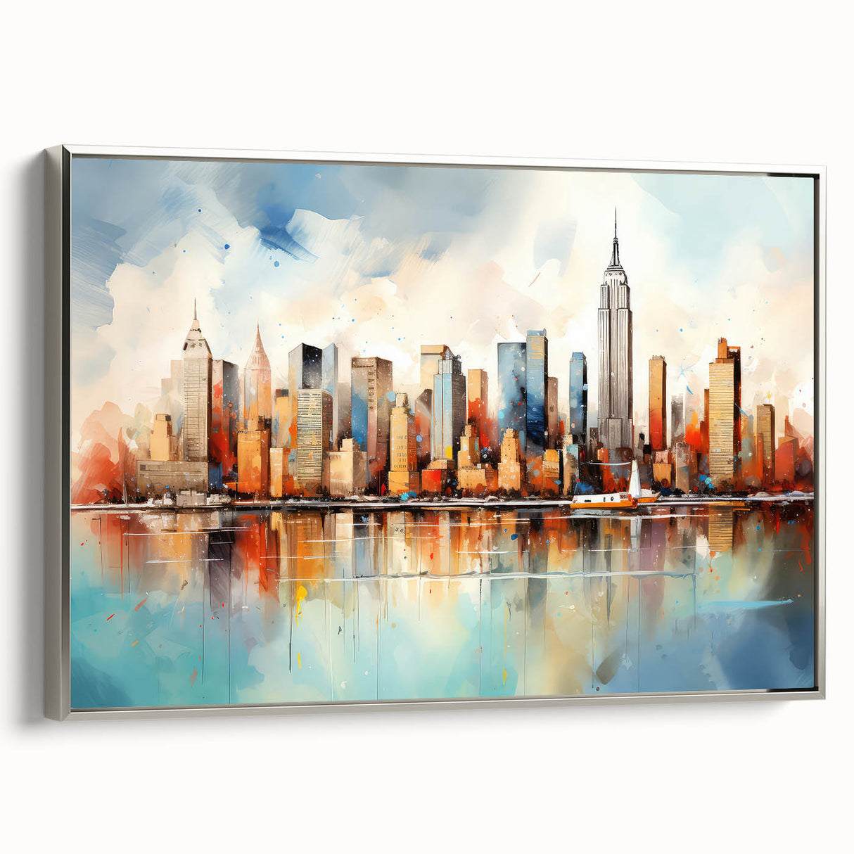 Framed abstract landscape wall art on canvas, showcasing a serene blend of soft silver and grey tones, perfect for modern home decor. Side view highlights the sleek frame design and textured canvas surface, enhancing contemporary aesthetics.