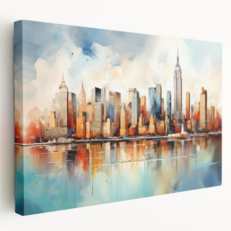 Abstract landscape wall art on stretched canvas, showcasing vibrant hues of blue and orange, ideal for modern home decor. Side view highlights the canvas's depth and texture, enhancing visual appeal. Perfect for adding a contemporary touch to any living space.