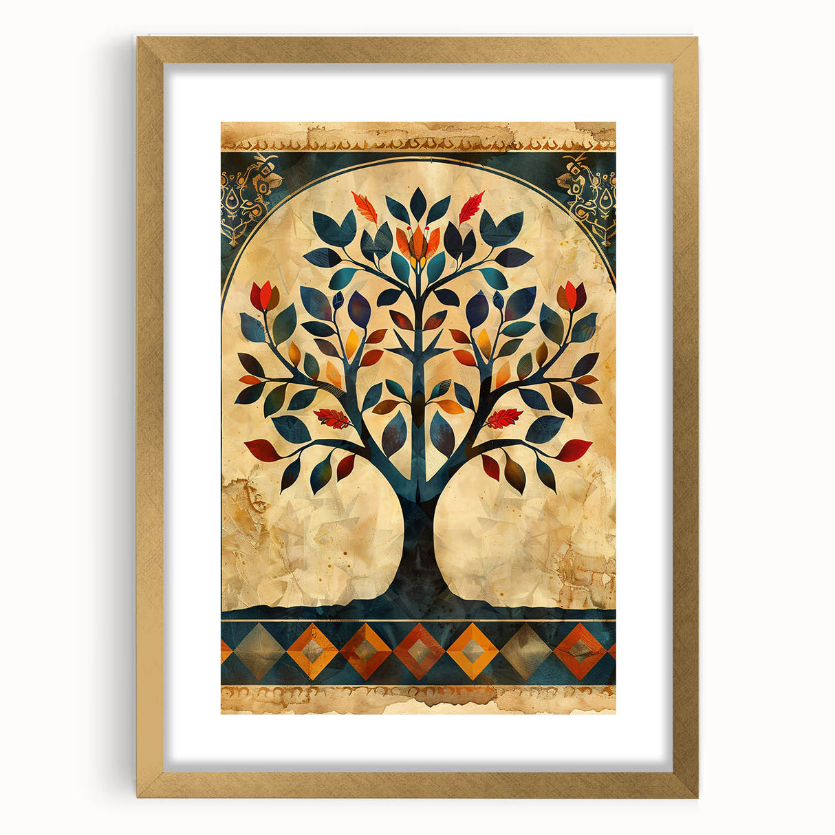 Abstract floral wall art framed in gold with a white mat, showcasing vibrant colors and intricate designs, perfect for modern home decor. Ideal for enhancing living spaces.