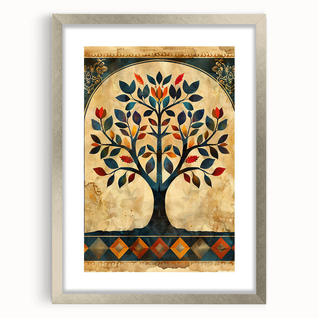 Abstract floral wall art framed in silver with a mat, showcasing vibrant colors and intricate designs, ideal for modern home decor and enhancing interior aesthetics.