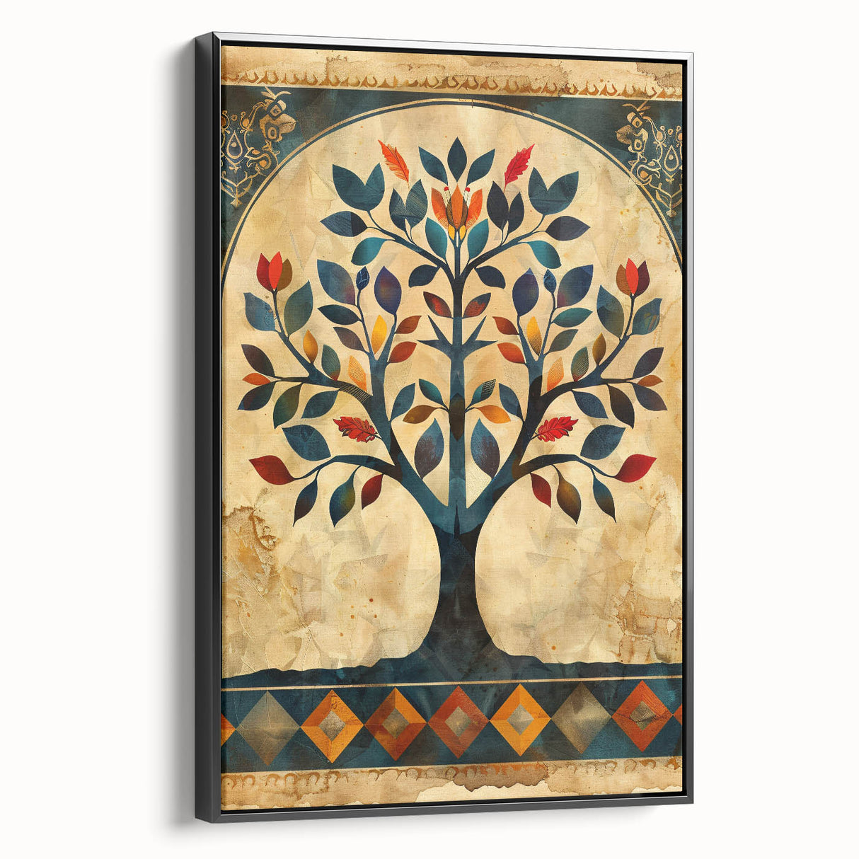 Framed abstract floral wall art in a black frame, showcasing vibrant colors and intricate designs, perfect for modern home decor. Side view highlights depth and texture.