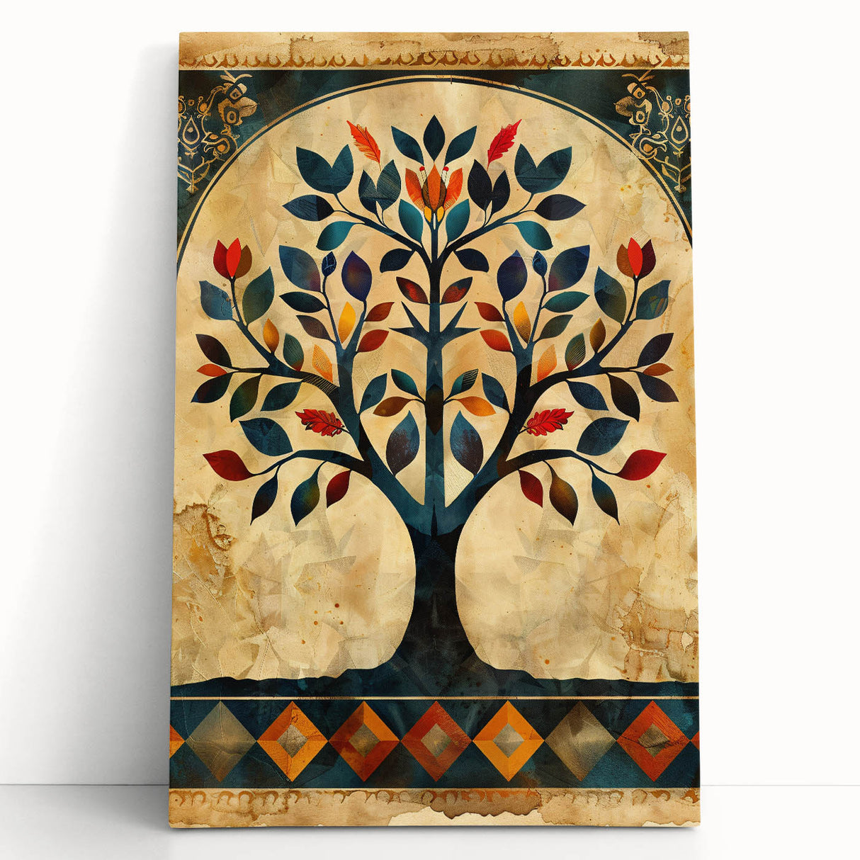 Abstract floral wall art on stretched canvas, featuring vibrant colors like blue, pink, and gold, leaning against a light backdrop, perfect for modern decor.