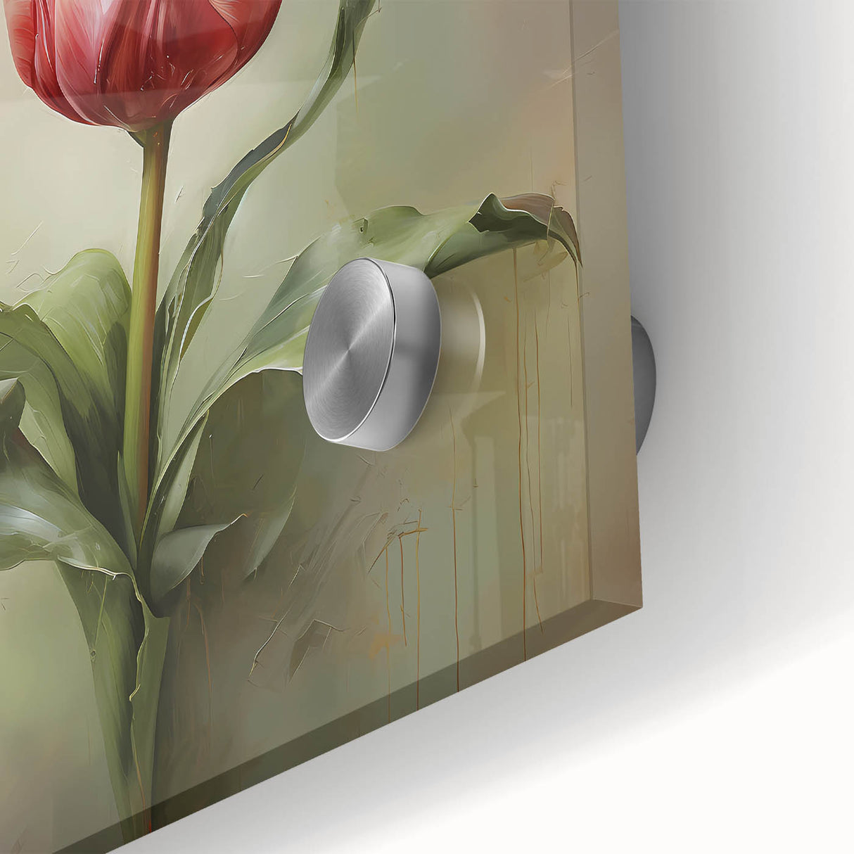Close-up view of vibrant abstract floral wall art on acrylic glass, showcasing intricate details and vivid colors, perfect for modern home decor.