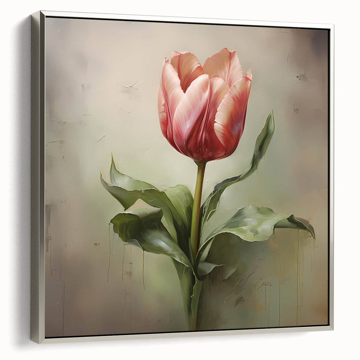 Framed canvas wall art depicting abstract floral designs in vibrant colors, featuring a stylish silver frame, viewed from the side to highlight the texture and depth of the artwork. The piece adds a modern touch to home decor, perfect for enhancing living spaces.