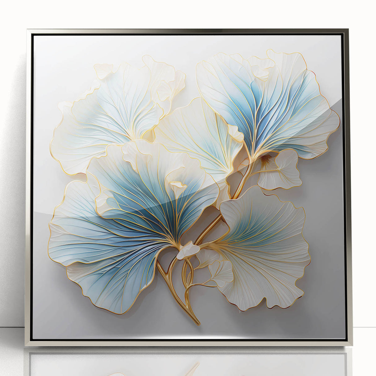 Framed abstract floral wall art in a sleek silver frame, showcasing vibrant colors and intricate designs, perfect for modern home decor accents.