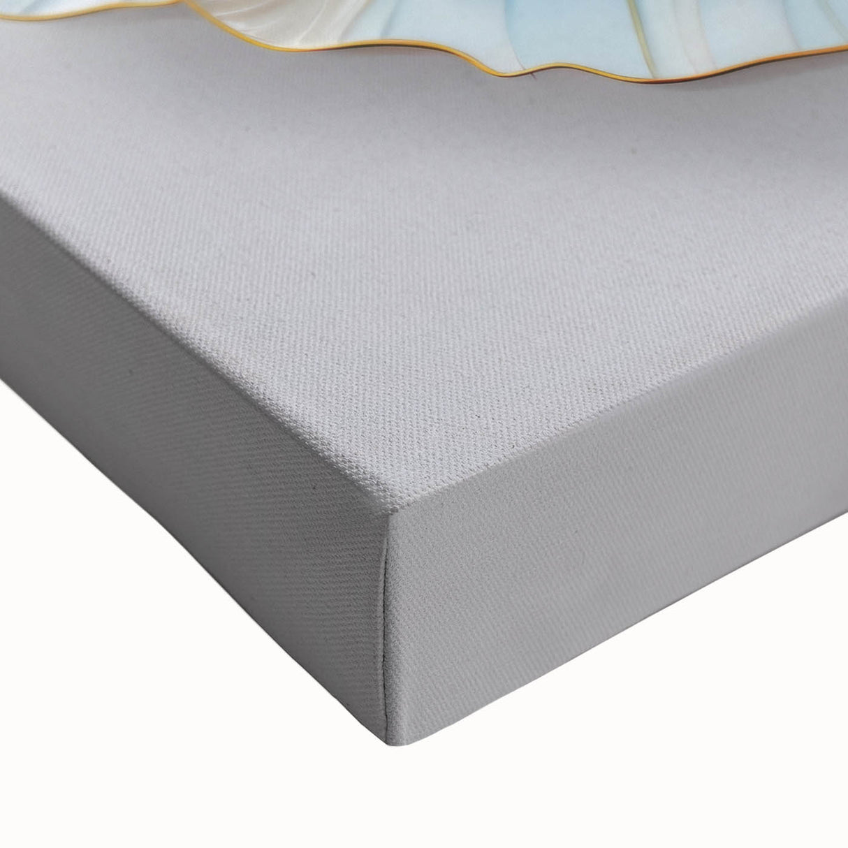 Close-up of an abstract floral wall art piece featuring vibrant colors of pink, blue, and green on stretched canvas, ideal for modern home decor.