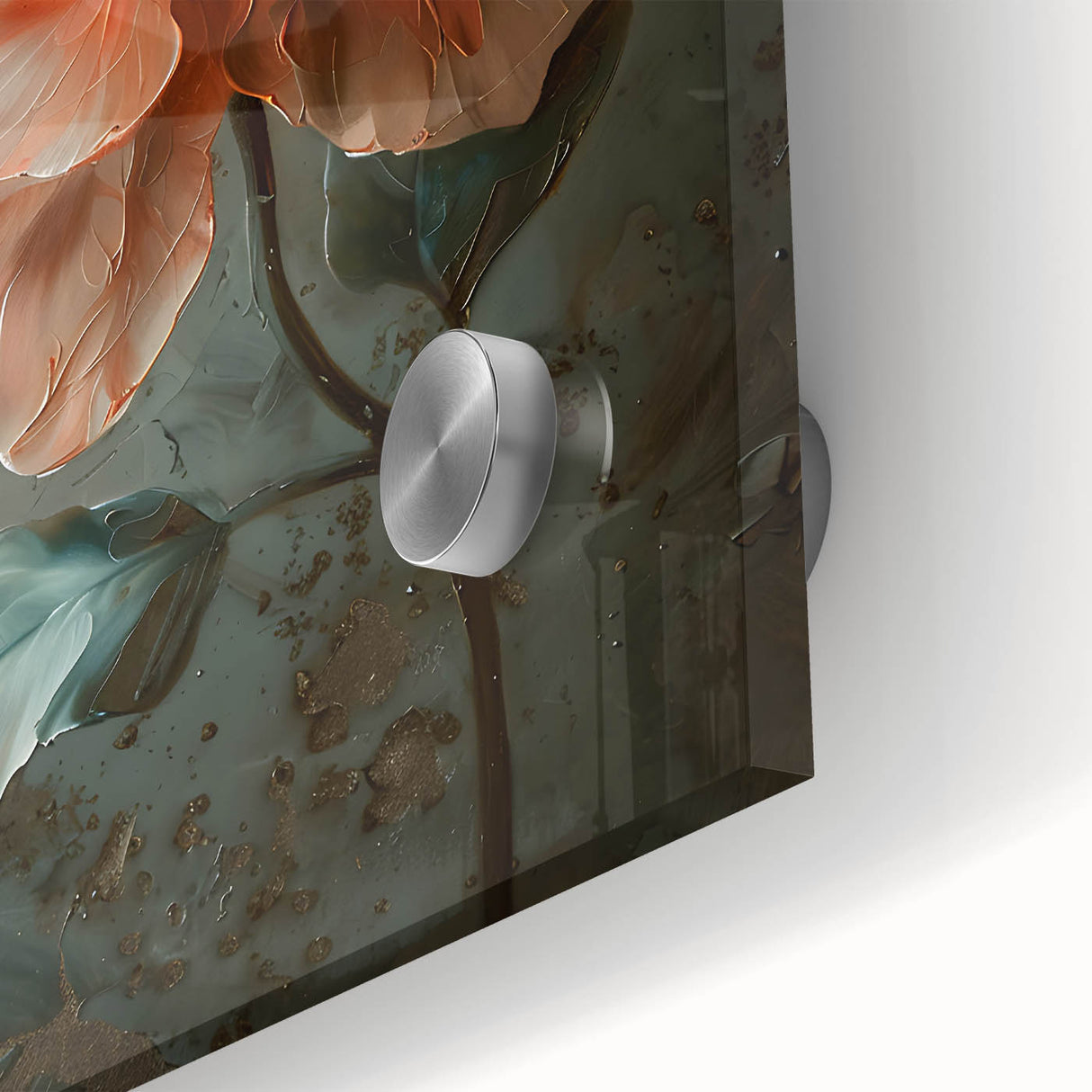 Close-up view of an abstract floral wall art piece printed on acrylic glass, showcasing vibrant colors and intricate details that enhance modern decor aesthetics.