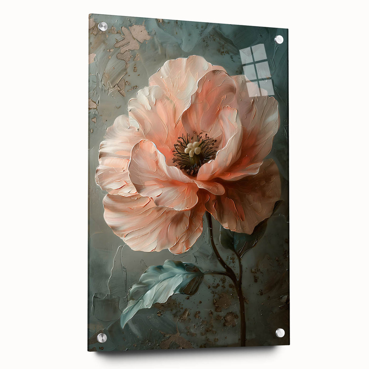 Abstract floral wall art displayed in a side view, showcasing vibrant colors and intricate patterns, featuring acrylic glass and decorative pins for hanging. Ideal for enhancing modern home decor.