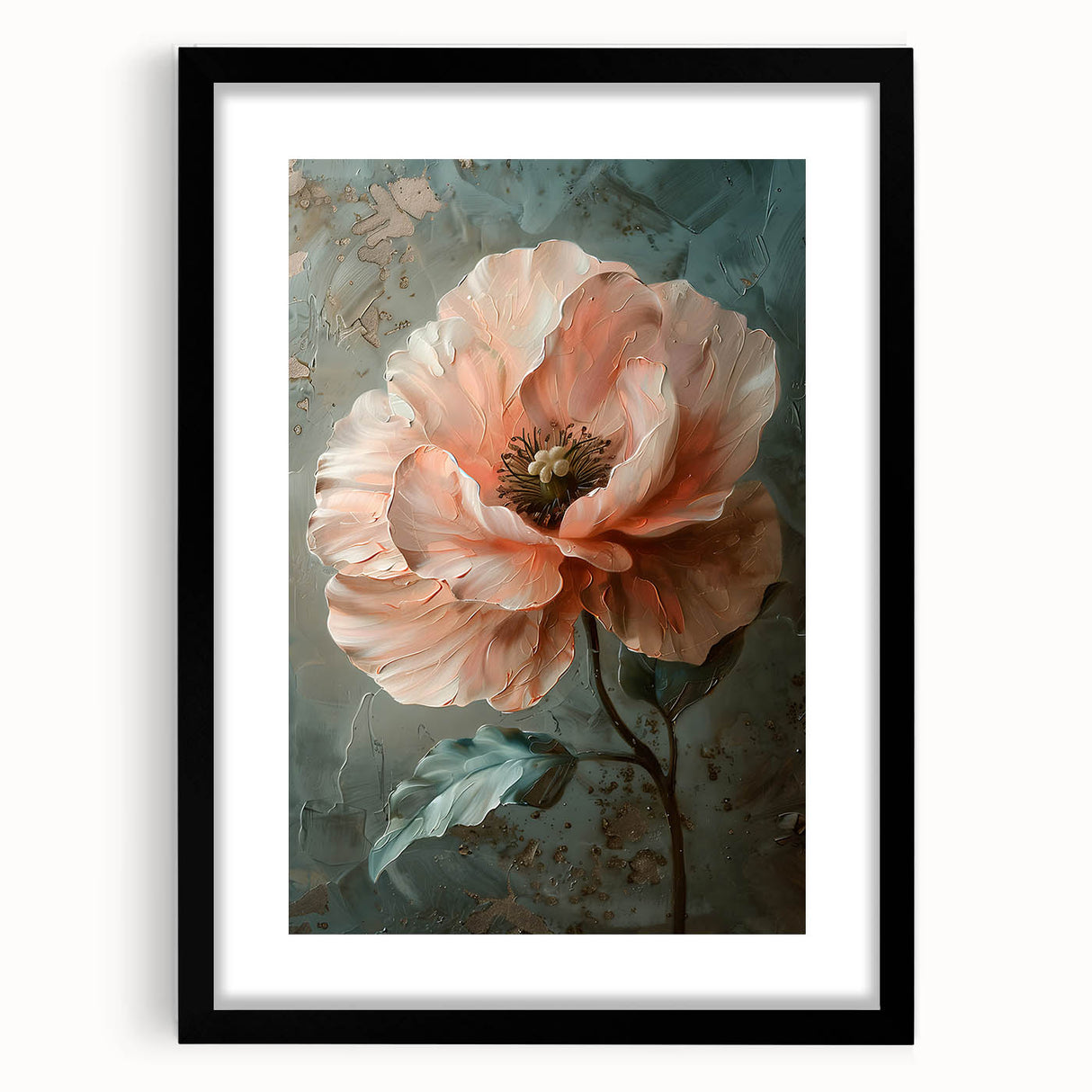 Abstract floral wall art framed in black with a mat, showcasing vibrant colors and intricate designs, perfect for home decor enhancement and artistic expression.