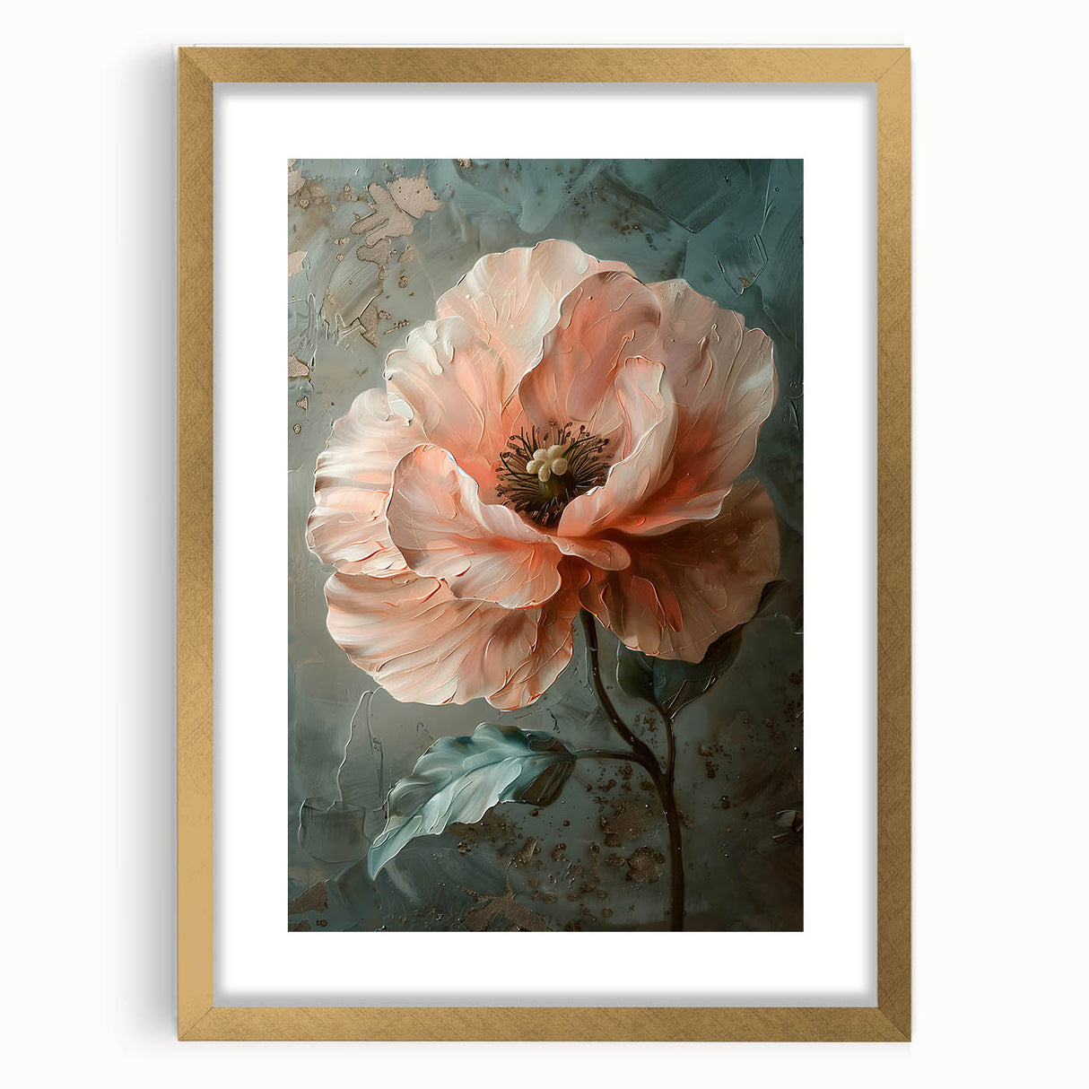 Abstract floral wall art framed with a gold mat, showcasing vibrant colors and intricate details, perfect for modern home decor. Ideal for enhancing living spaces.