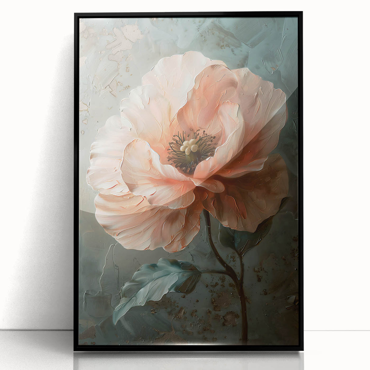 Framed abstract floral wall art featuring vibrant colors and intricate designs, set in a sleek black frame, perfect for modern home decor.