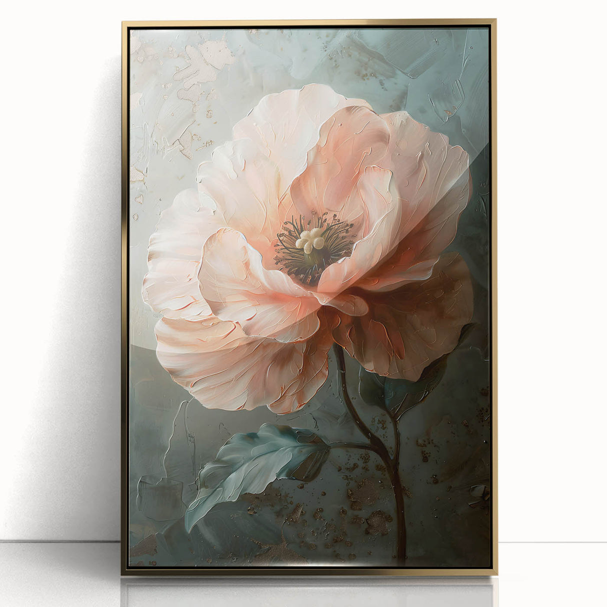Framed wall art showcasing vibrant abstract florals in shades of pink, blue, and gold, elegantly displayed with a glossy acrylic finish for a modern touch.