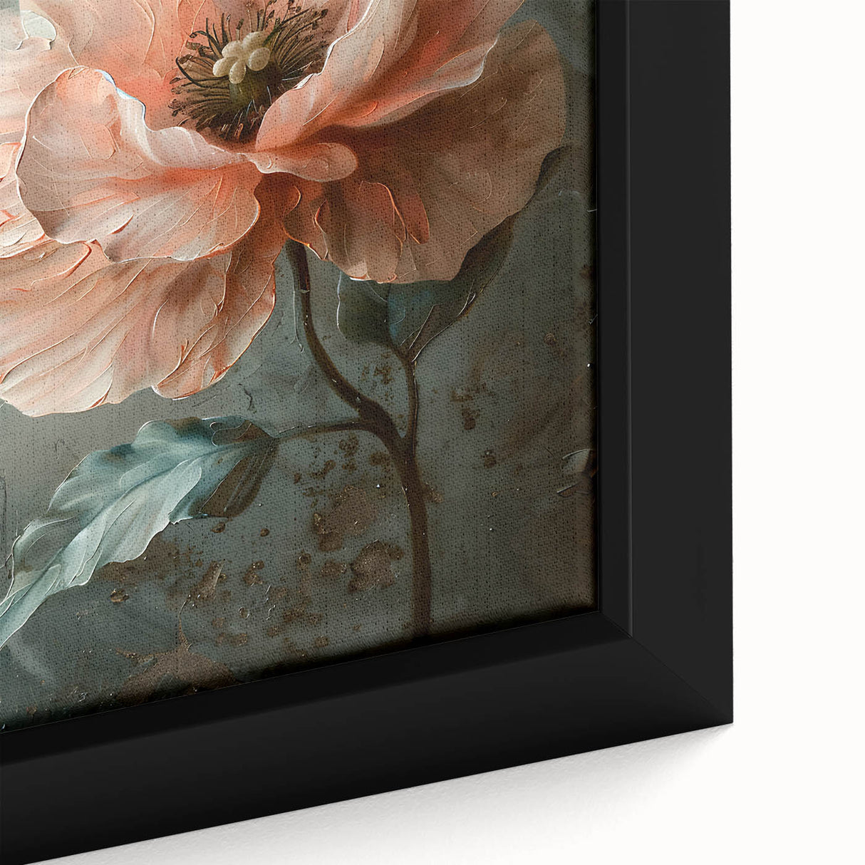 Close-up of a vibrant abstract floral wall art piece, featuring bold colors and intricate details, elegantly framed in a modern style for home decor.