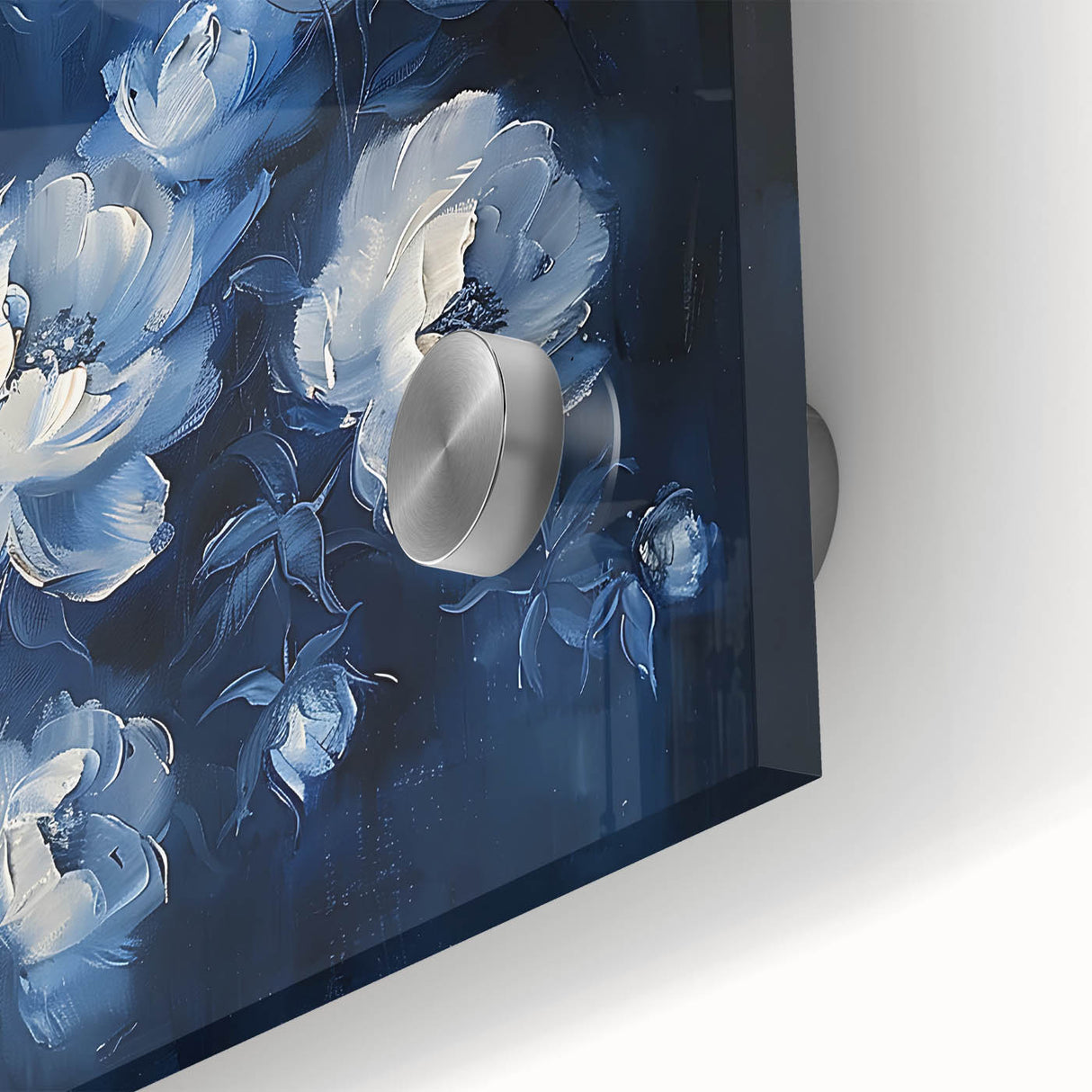 Close-up of vibrant abstract floral wall art featuring rich colors and intricate details on acrylic glass, perfect for modern home decor.