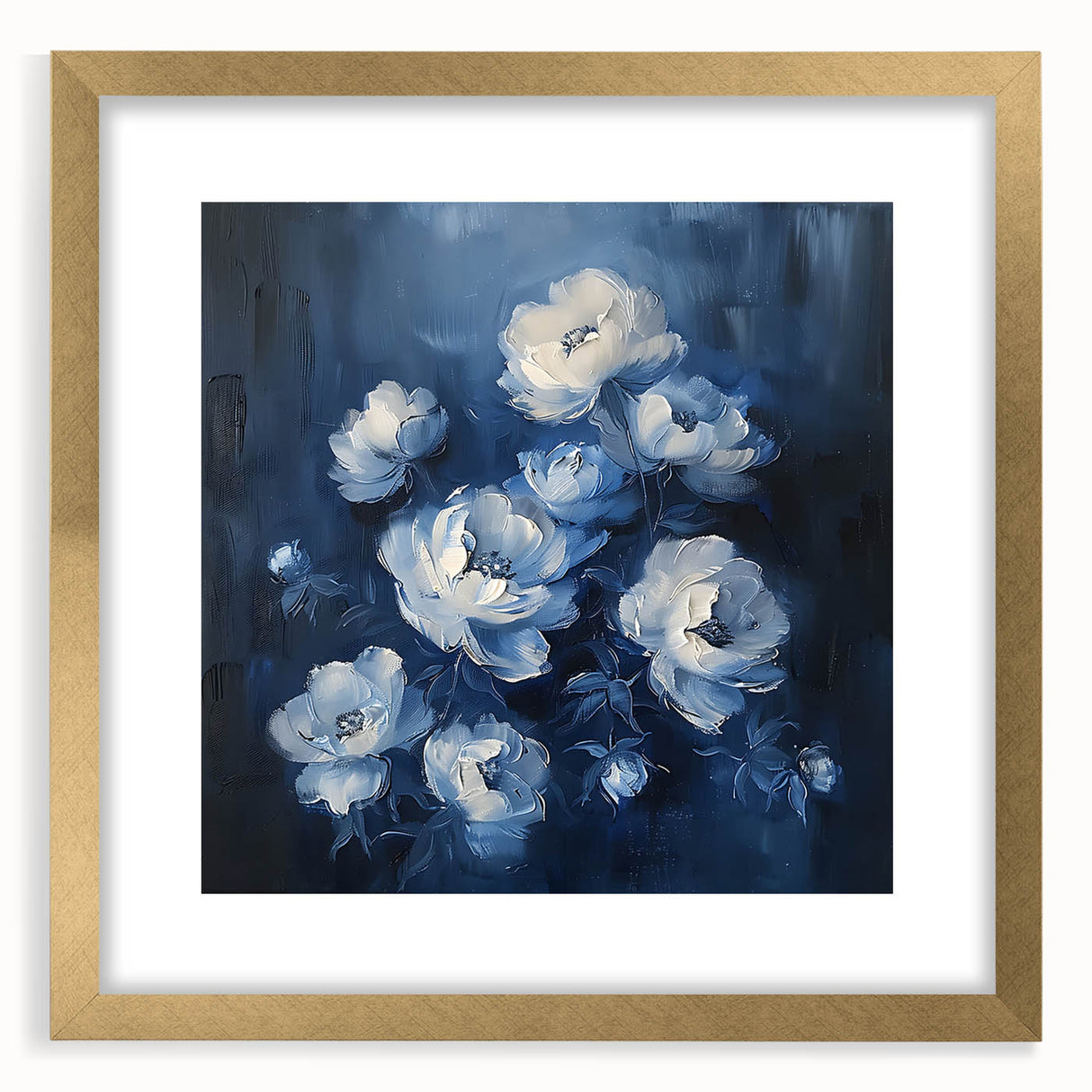 Abstract floral wall art framed in gold, featuring vibrant colors and intricate designs. Perfect for enhancing modern home decor in living rooms or offices.