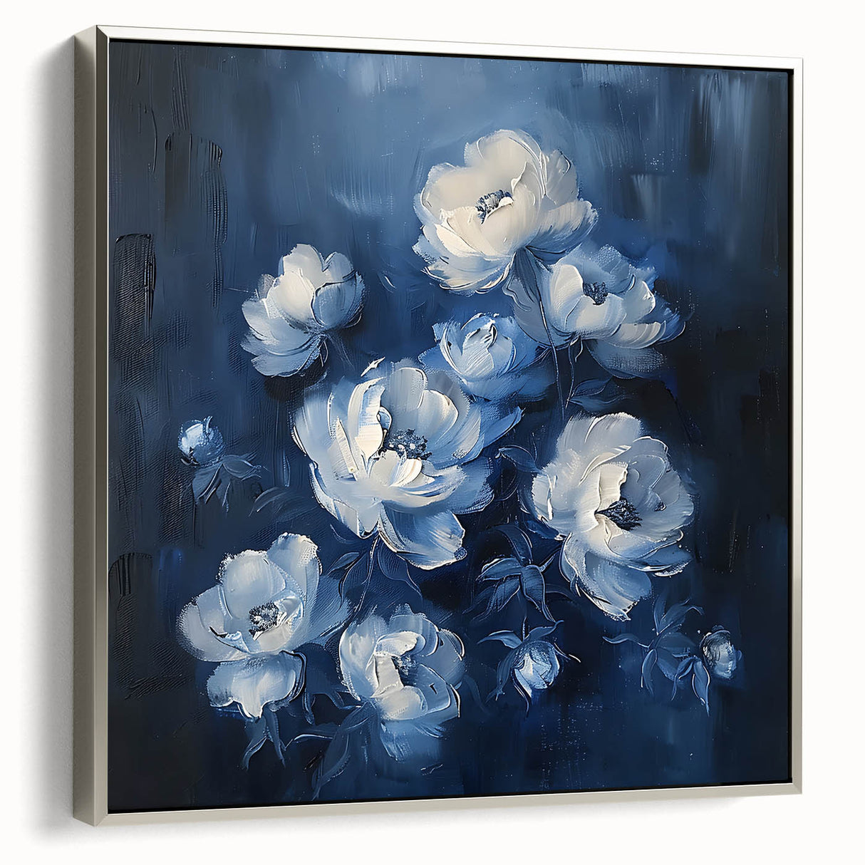 Framed canvas wall art showcasing abstract florals in vibrant colors, elegantly displayed with a silver frame, adding a modern touch to home decor.