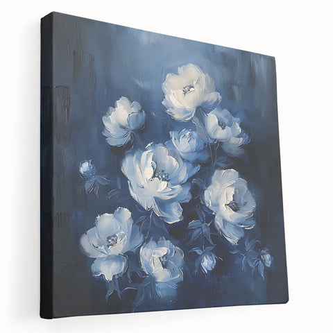 Stretched canvas wall art showcasing an abstract floral design in vibrant colors, viewed from the side to highlight its depth and texture, perfect for modern home decor.