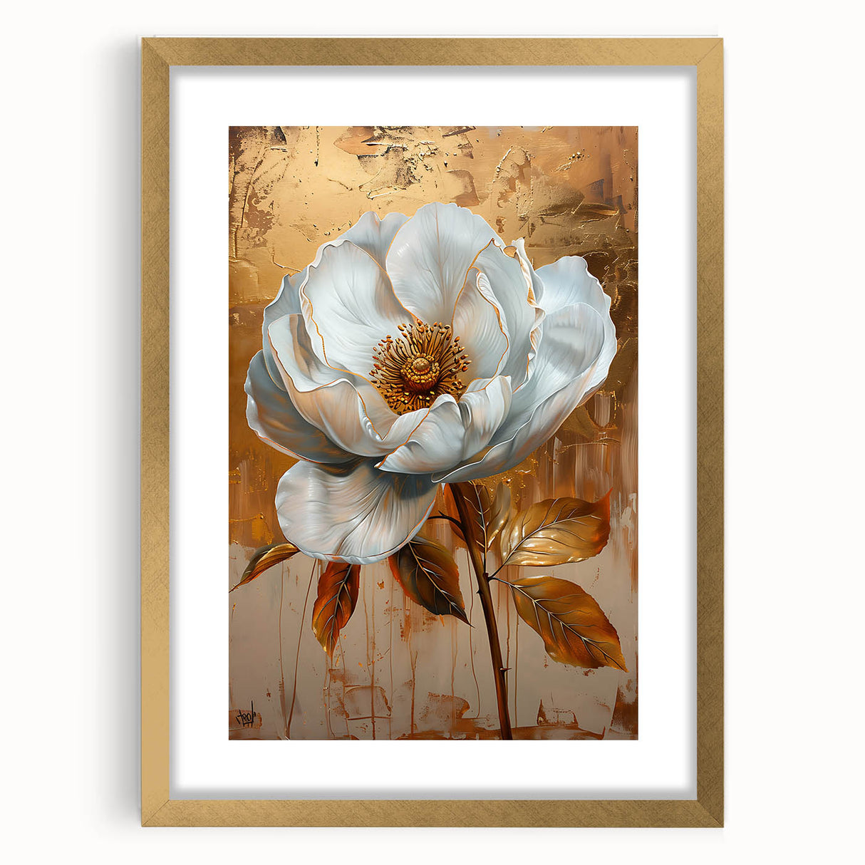 Abstract floral wall art framed in gold with a mat, showcasing vibrant colors and intricate designs, perfect for modern home decor. Ideal for adding elegance to any room.