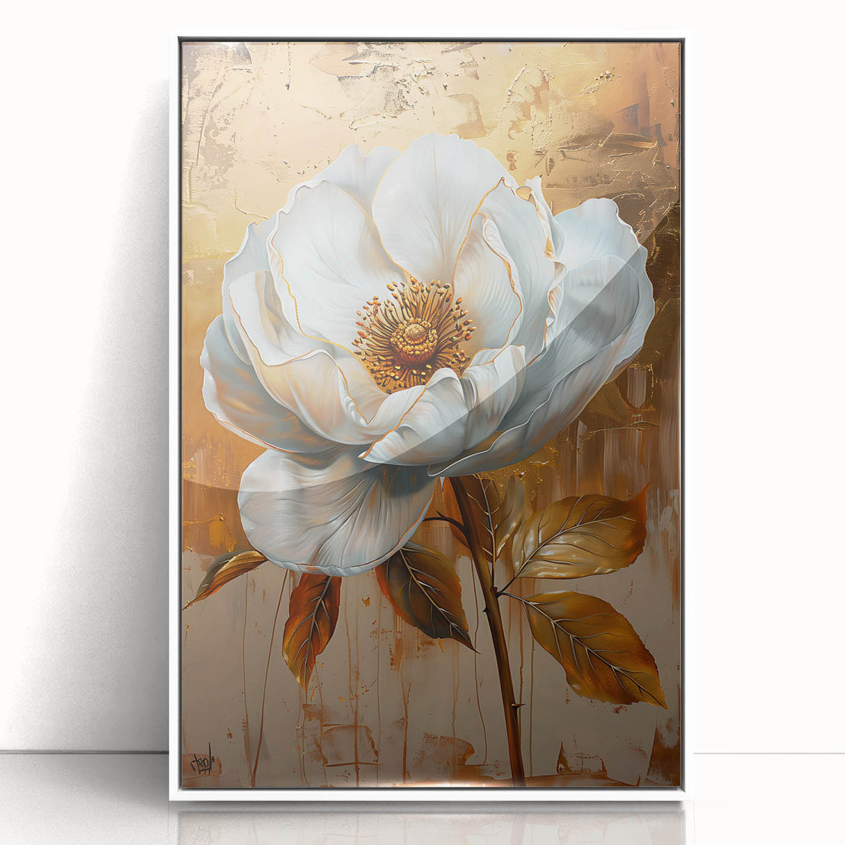 Framed acrylic wall art featuring vibrant abstract florals in shades of pink, blue, and green, elegantly displayed with a white frame, perfect for modern home decor.