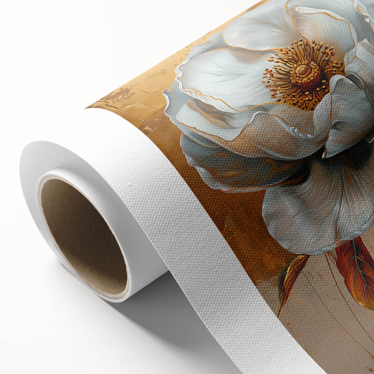 Abstract floral wall art design on rolled canvas, showcasing vibrant colors and intricate patterns, ideal for modern home decor or art enthusiasts.