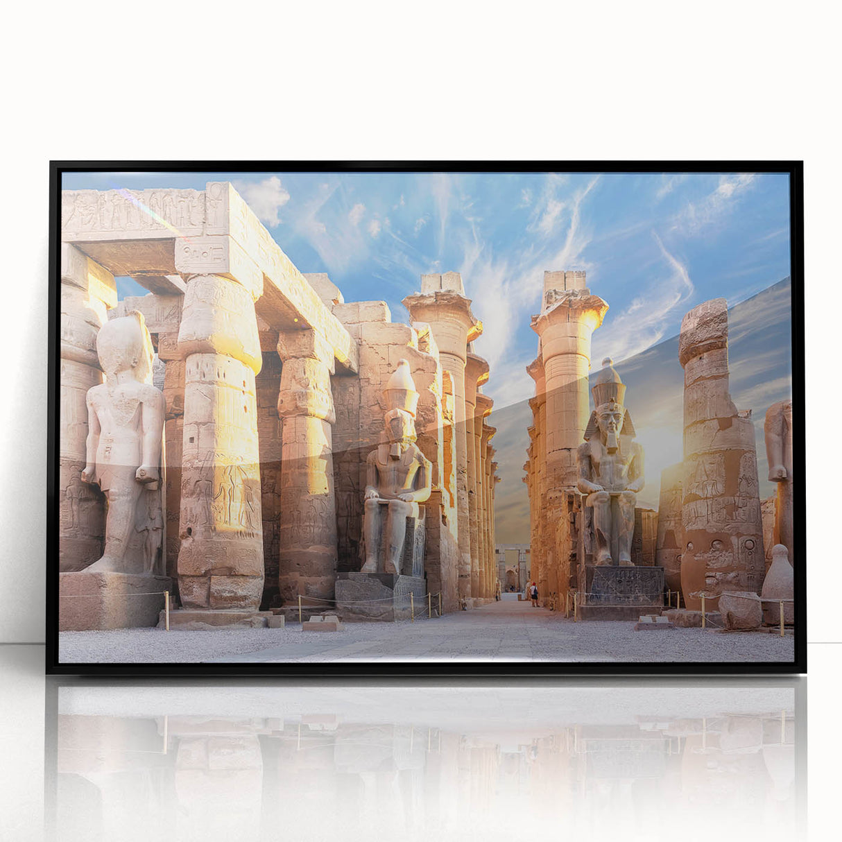 Large abstract wall art of Egyptian scenery in muted earth tones on framed acrylic, suitable for modern living room decor.
