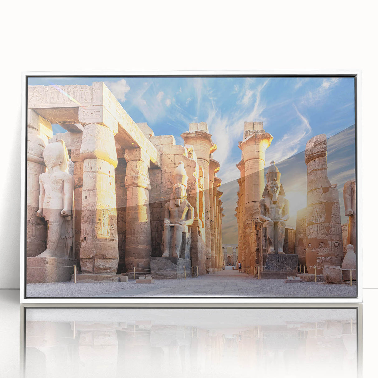 Large art print of an Egyptian landscape in muted earth tones on white framed acrylic, suitable for modern art wall decor.