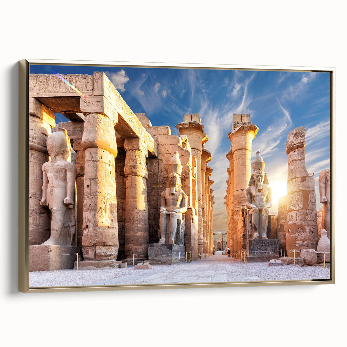 Framed canvas featuring a vintage-style landscape art painting of the Egyptian scenery in gold, black, and colorful accents.