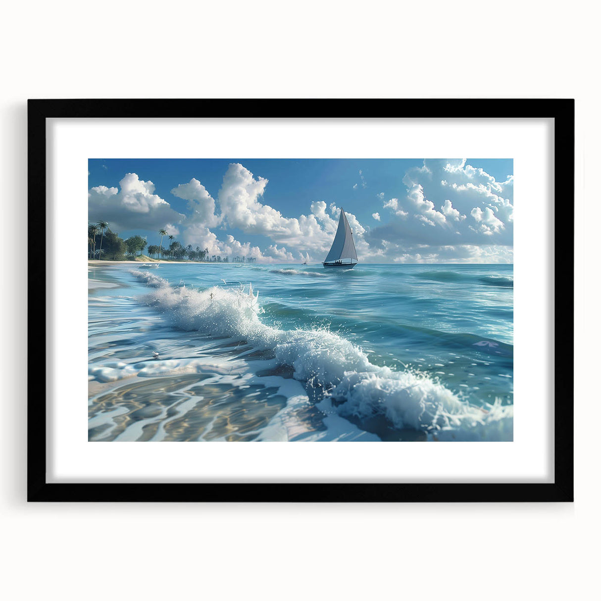 Extra large abstract art print depicting a colorful, textured African scenery on a black framed canvas.