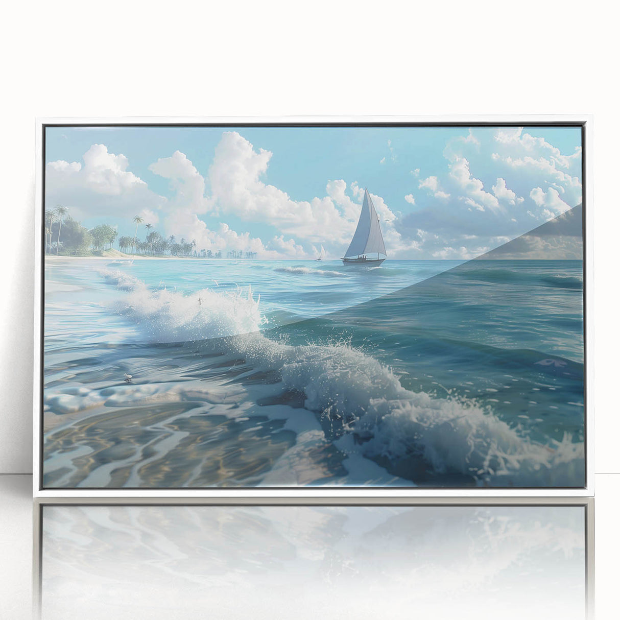 Large art print of a Kenyan landscape in mid-century modernist style, with acrylic framing, ideal for modern art wall decor.