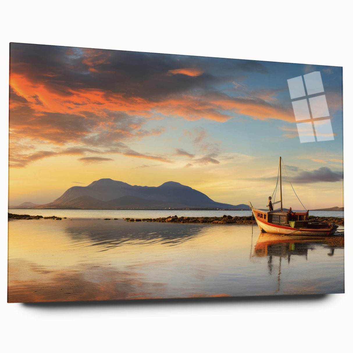 Large abstract wall art of Mauritius scenery in acrylic, using blue and green tones, ideal for bedroom or dining room decor.