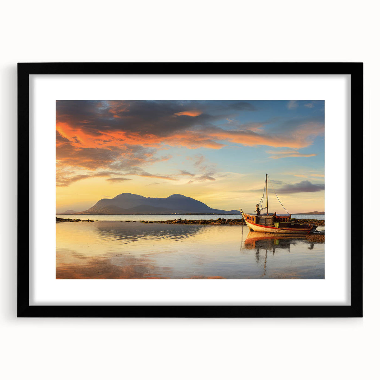 Extra large abstract art print of colorful, textured scenery, framed in black, ideal for living room decor.