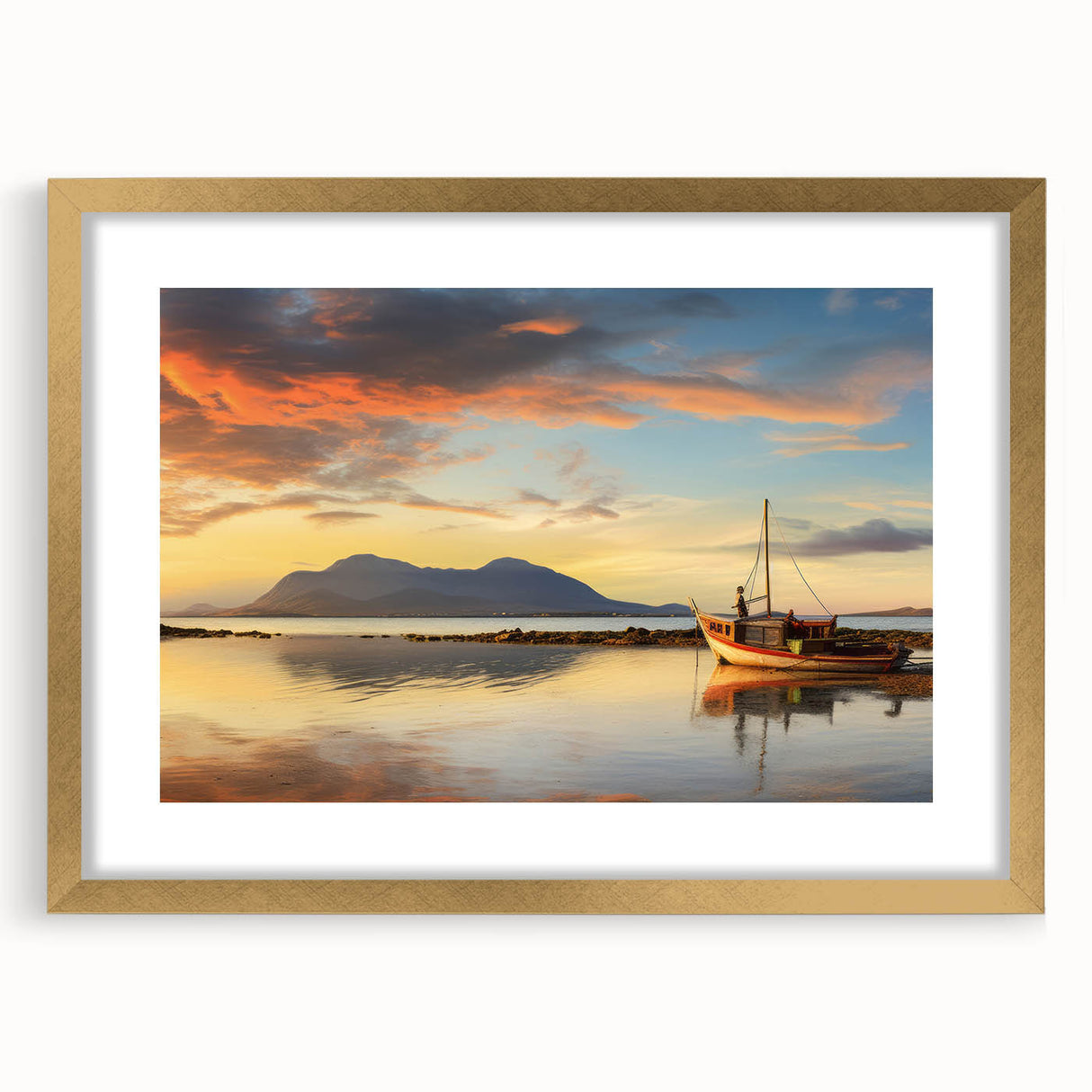 Textured art print of abstract Mauritius scenery in muted earth tones on a gold-framed mat, ideal for bedroom wall decor.