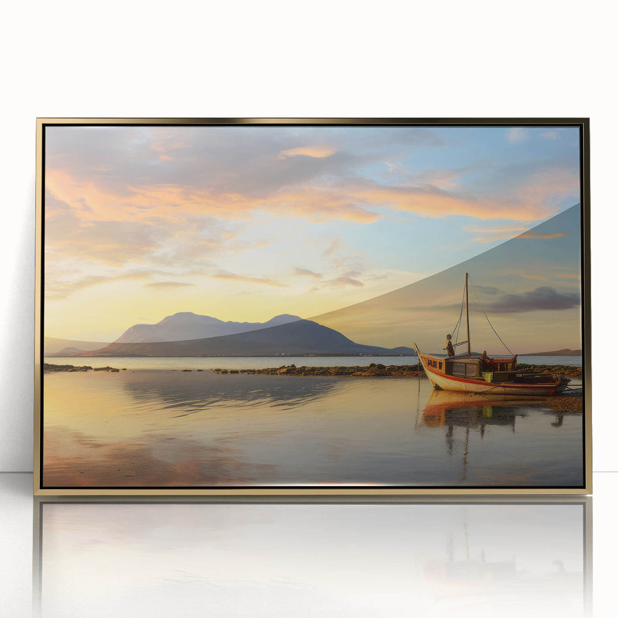 Mid-century modernist art depicting an African Mauritius landscape on a framed acrylic, featuring earthy tones.