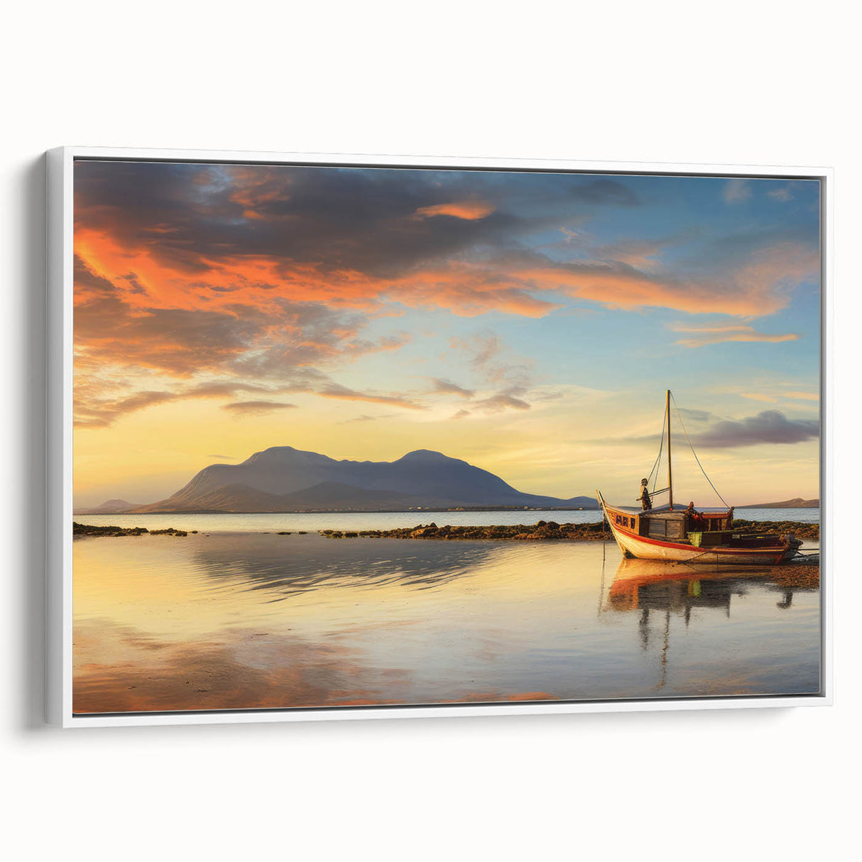 Framed canvas featuring a vintage-style landscape painting of Mauritius, ideal for bedroom wall art with muted earth tones.