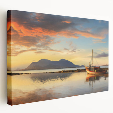Side-view of a stretched canvas featuring an African scenery in muted earth tones, suitable for kitchen wall art.