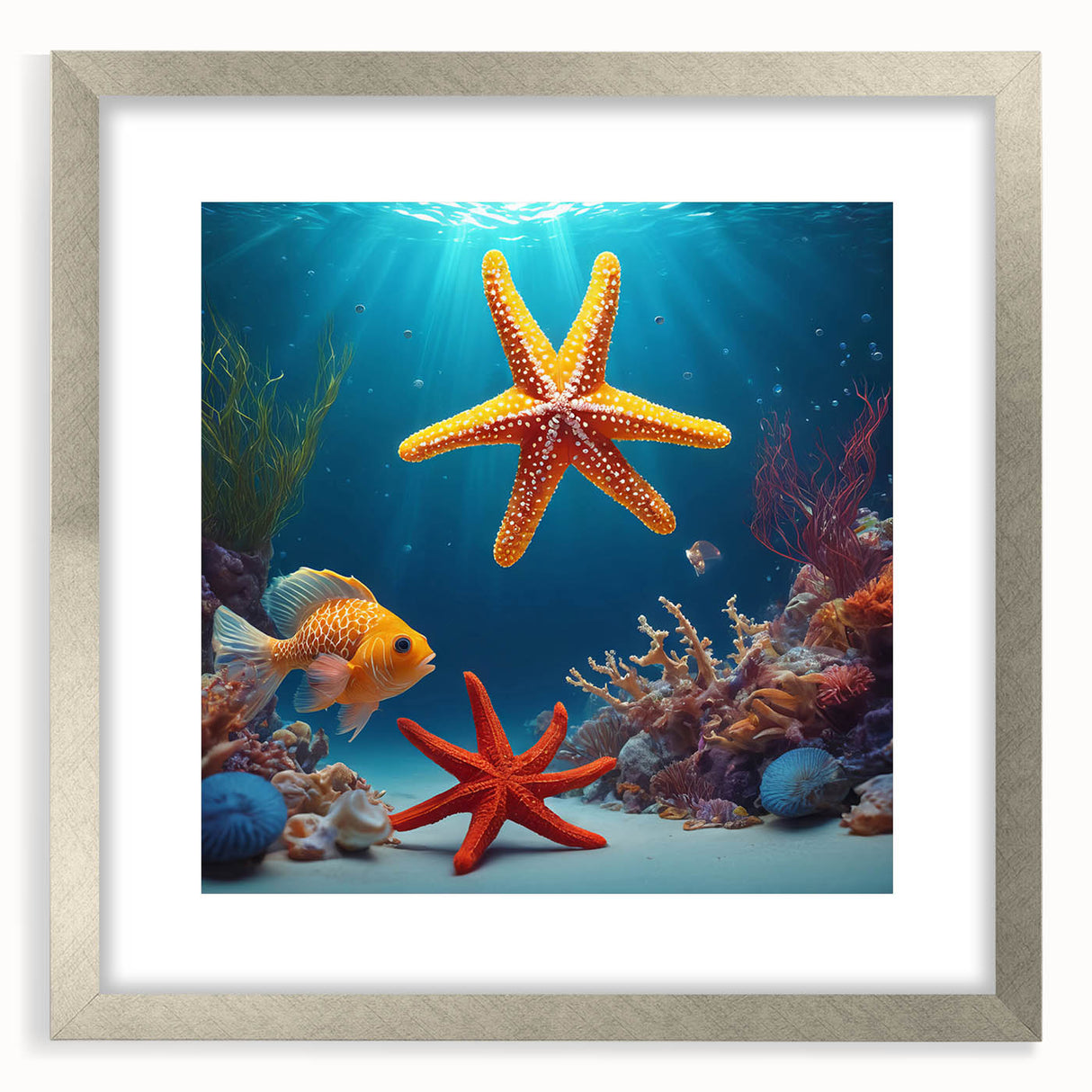 Textured abstract art print depicting a Seychelles scenery in muted earth tones, framed in silver.