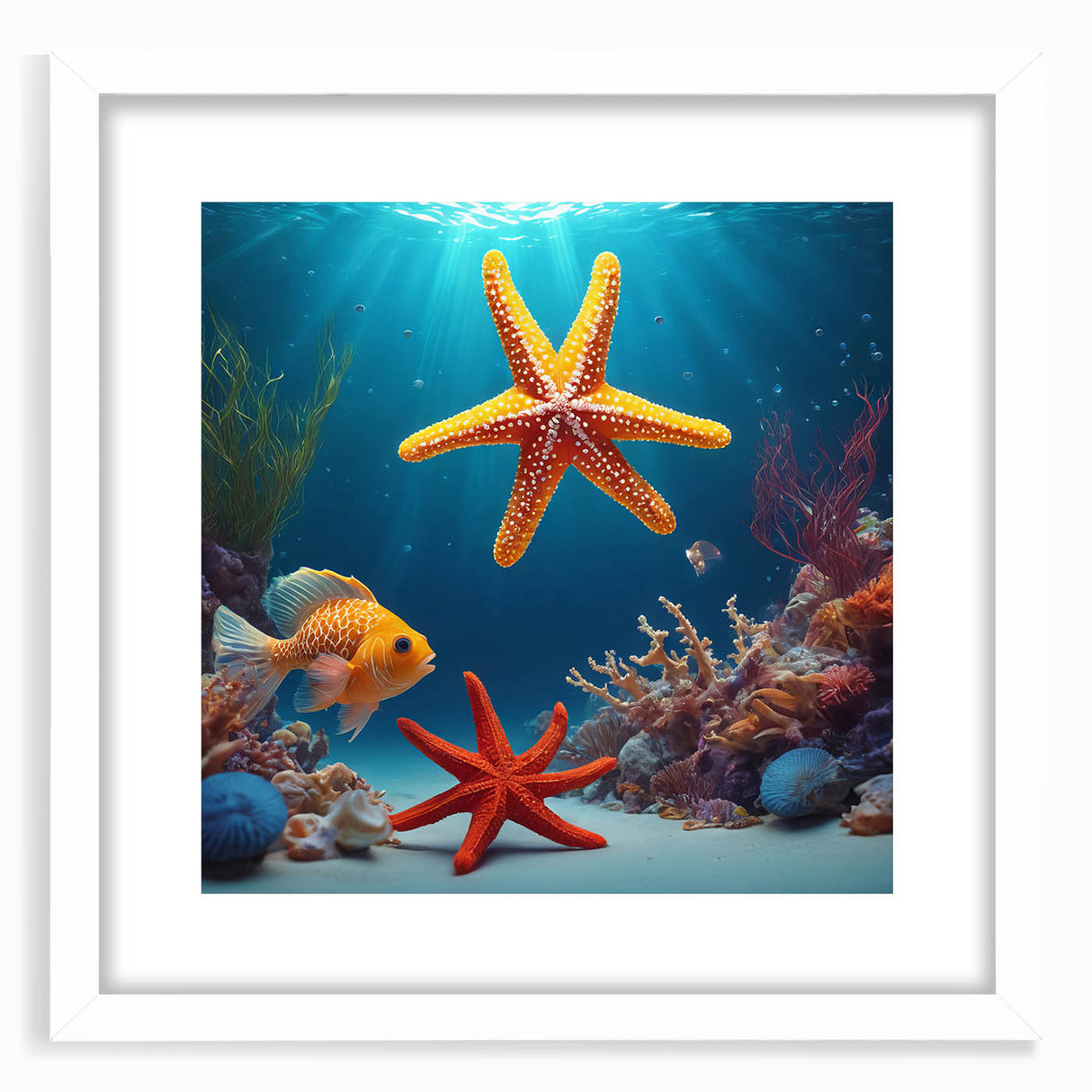 Abstract art print of Seychelles scenery in muted blue and green tones on a white framed canvas.