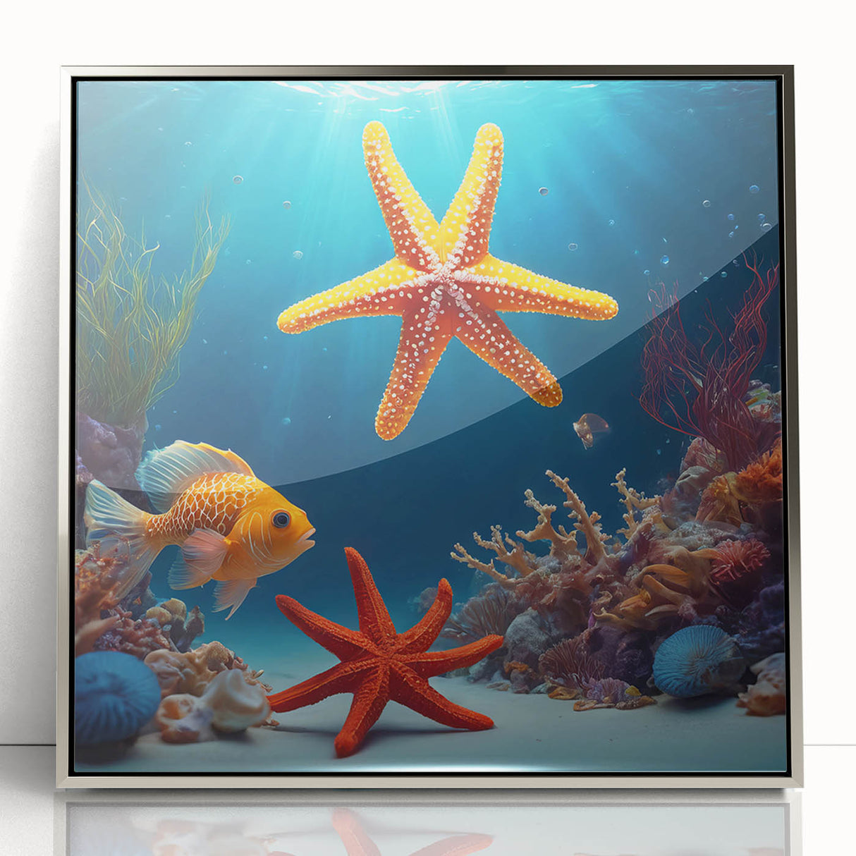 Mid-century modernist art depicting a serene Seychelles landscape in muted blues and greens, framed acrylic.