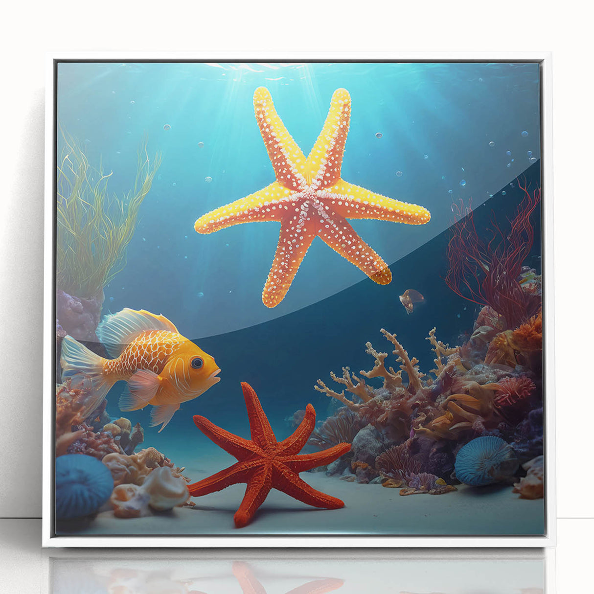 Acrylic print of Seychelles scenery with vivid blue and green tones in an art deco style, ideal for modern art wall decor.