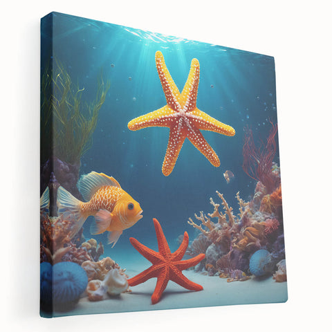 Large wall art on canvas depicting a tranquil Seychelles beach scene, in soft blue and green tones.